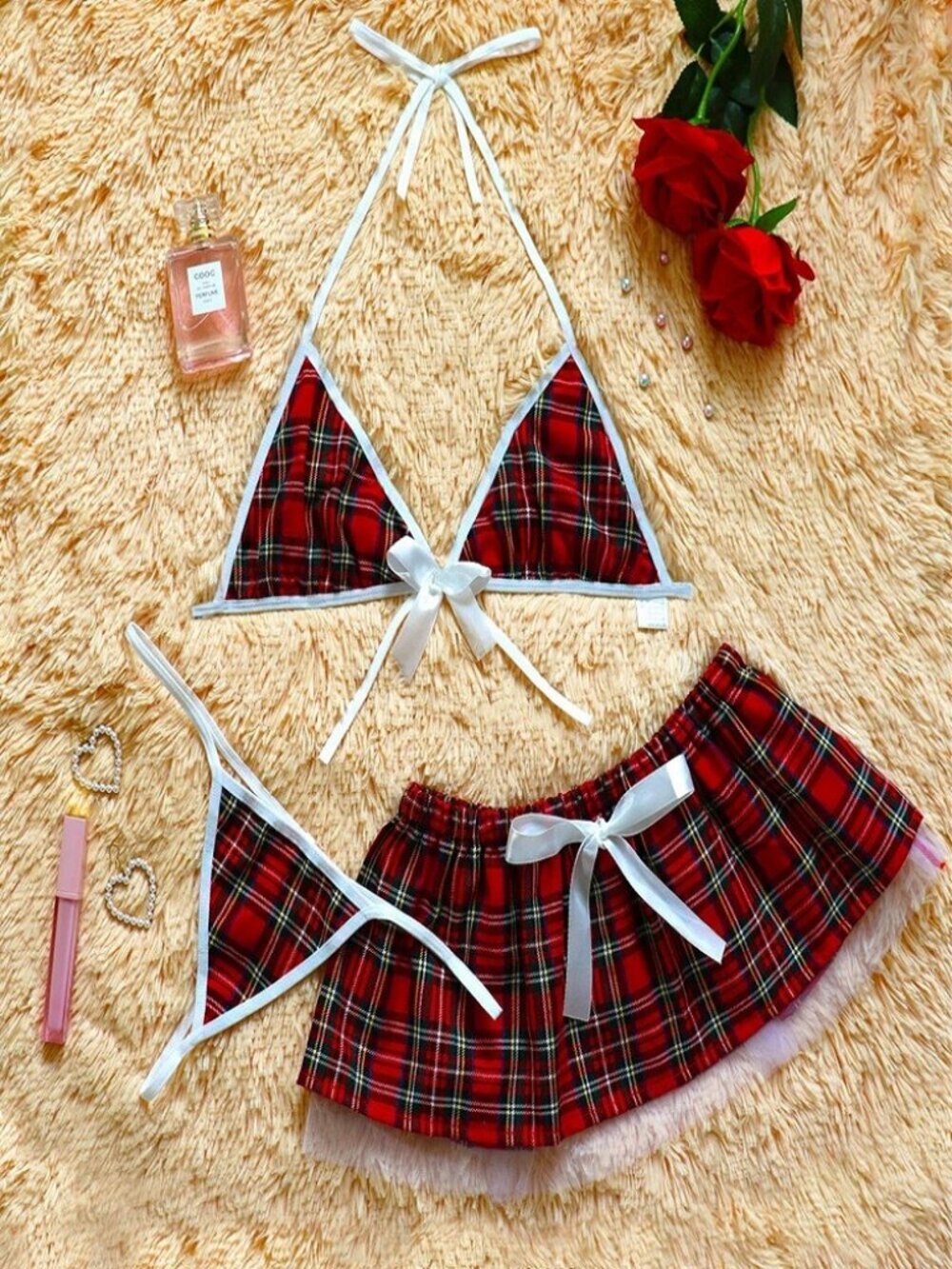 Red Plaid Lingerie Set 3 Piece